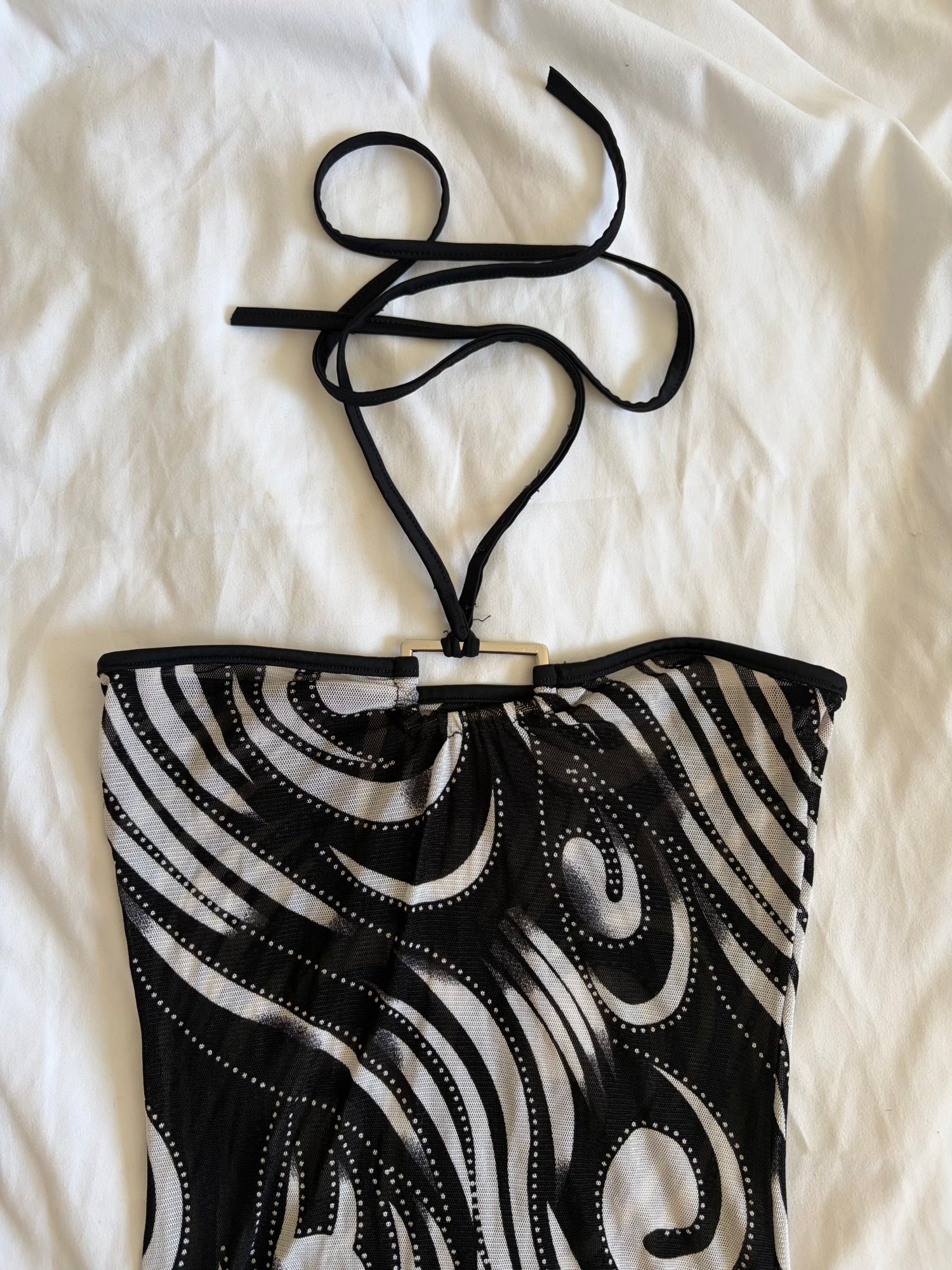 Vintage Y2K mesh black abstract bandeau cover up with o ring style detail and side ruching