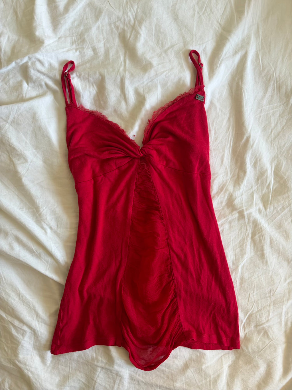 Vintage 1990s Miss Sixty red knot bust cami with contrast panel silver badge