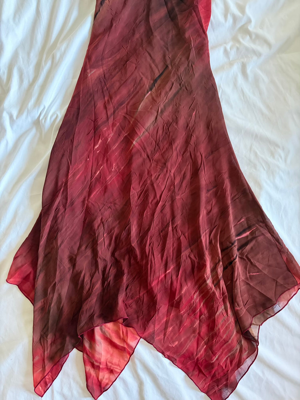Vintage Y2K handkerchief hem brown and red tie dye ruched bust dress with pendant and beaded detail