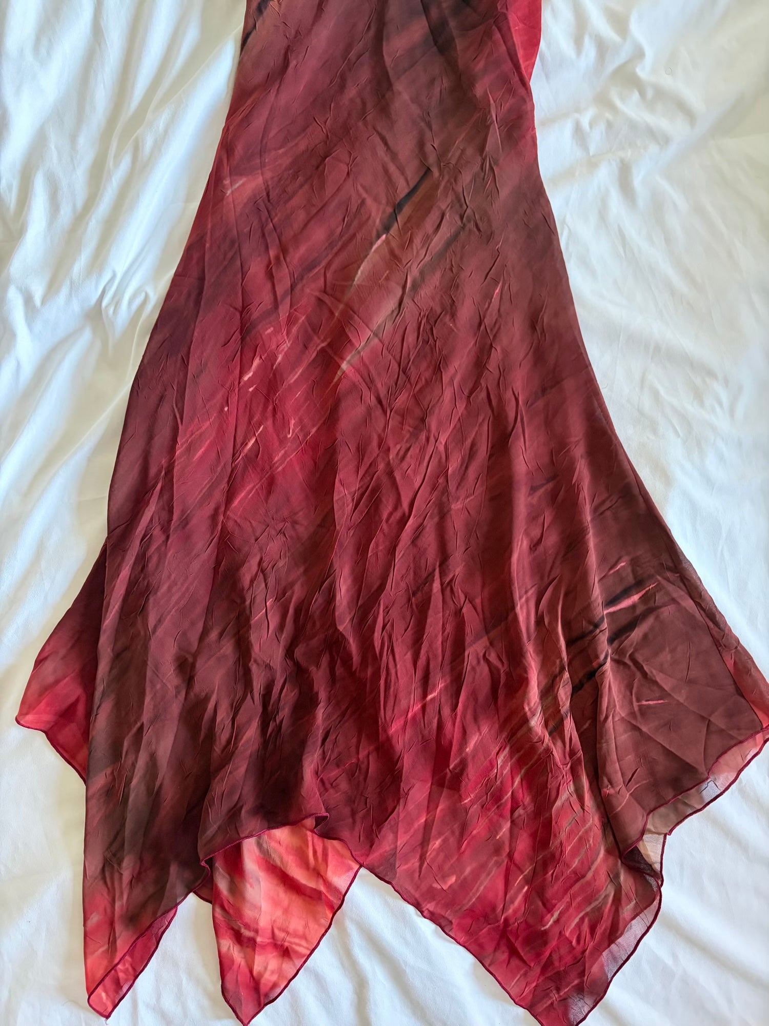 Vintage Y2K handkerchief hem brown and red tie dye ruched bust dress with pendant and beaded detail