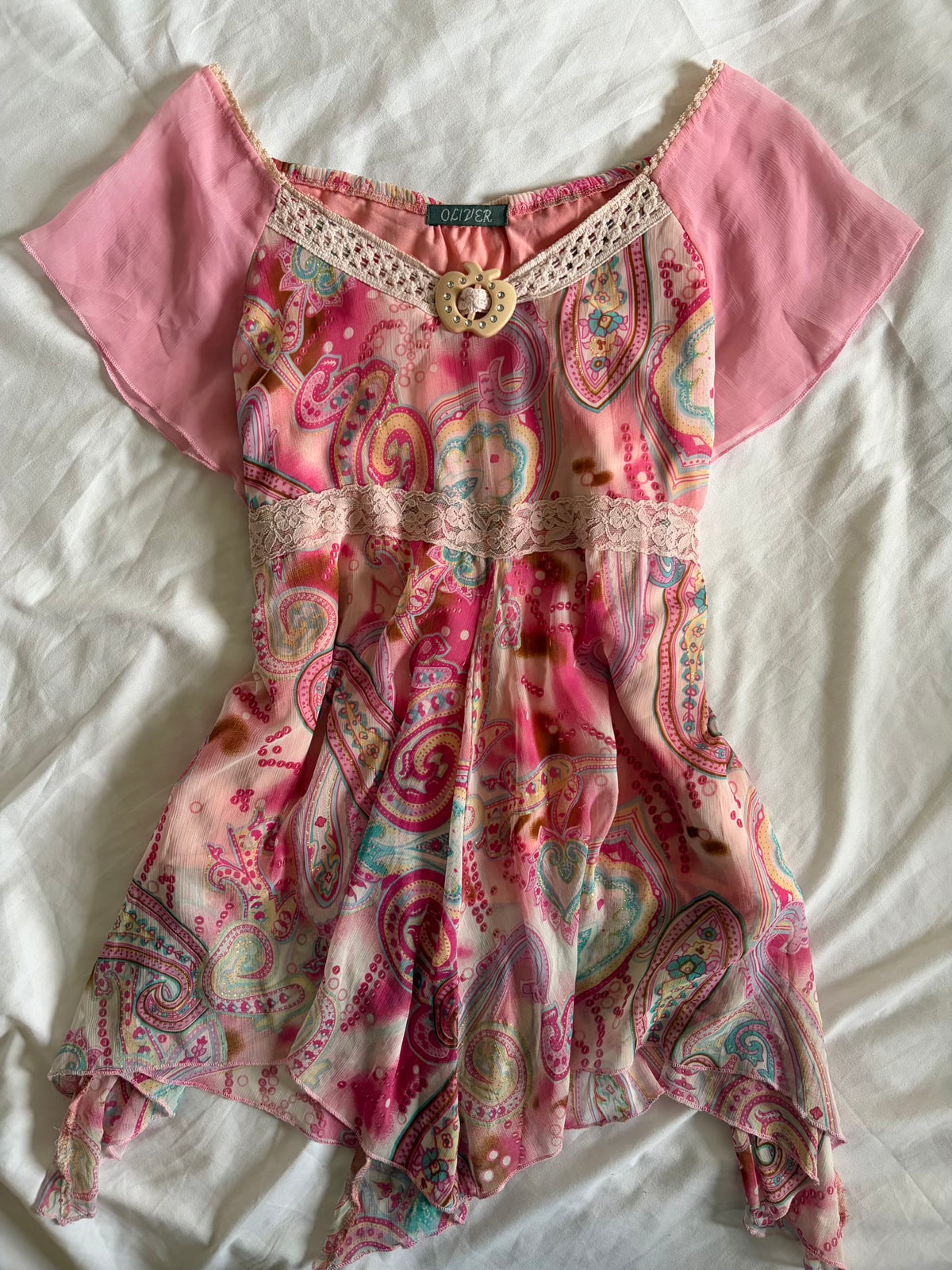 Vintage 2000s Pink Handkerchief Hem Sparkly Paisley and Floral Blouse