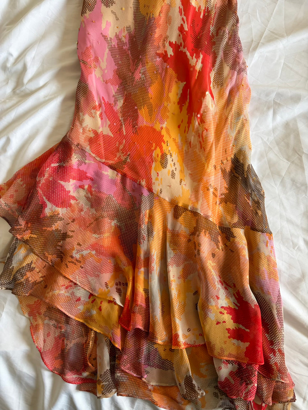 Vintage Y2K Rare Silk Asymmetrical Hem Sunset Orange, Red and Brown Midi Dress with Beads and Sequins