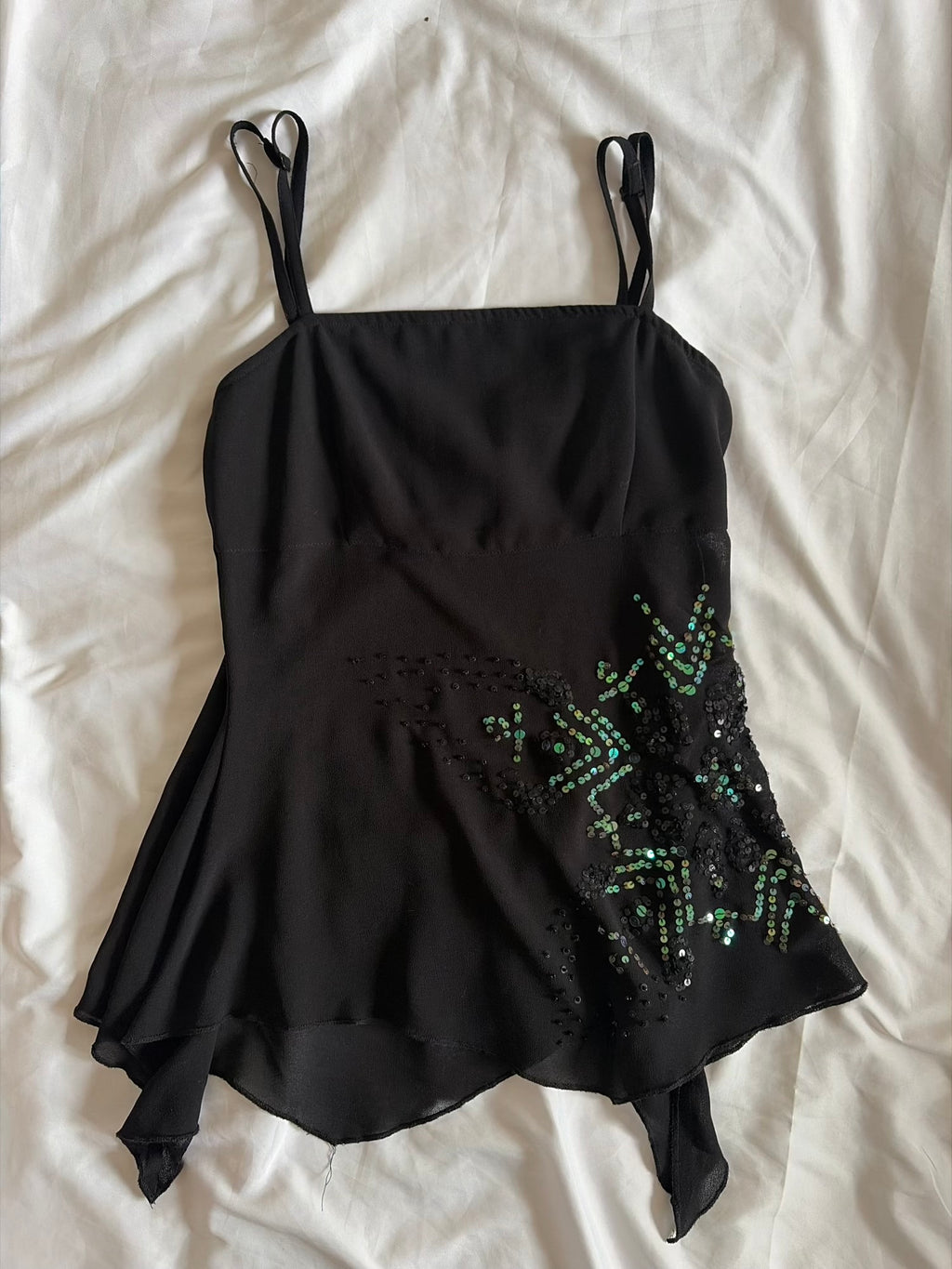 Vintage 1990s Black Handkerchief Hem Cami with Iridescent Green Sequins