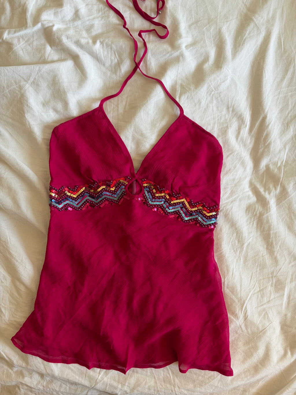 Vintage Y2K cerise silk halterneck cami with beaded and sequin detail with key hole