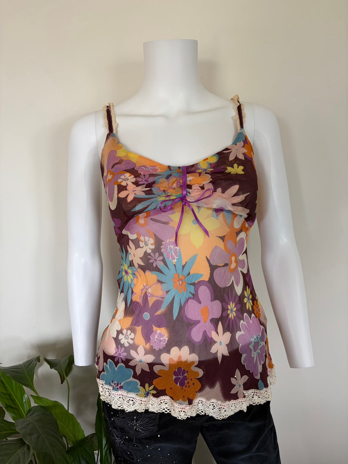 Vintage 1990s Italian Silk Floral Cami with Crochet Detail