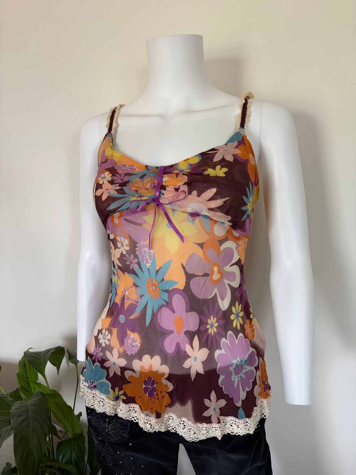Vintage 1990s Italian Silk Floral Cami with Crochet Detail