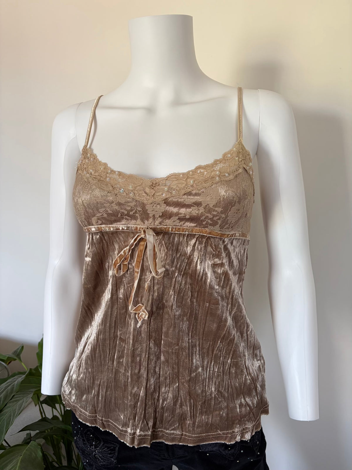 Vintage 2000s Champagne Velvet Cami with Sequins, Beads and Ribbon Detail