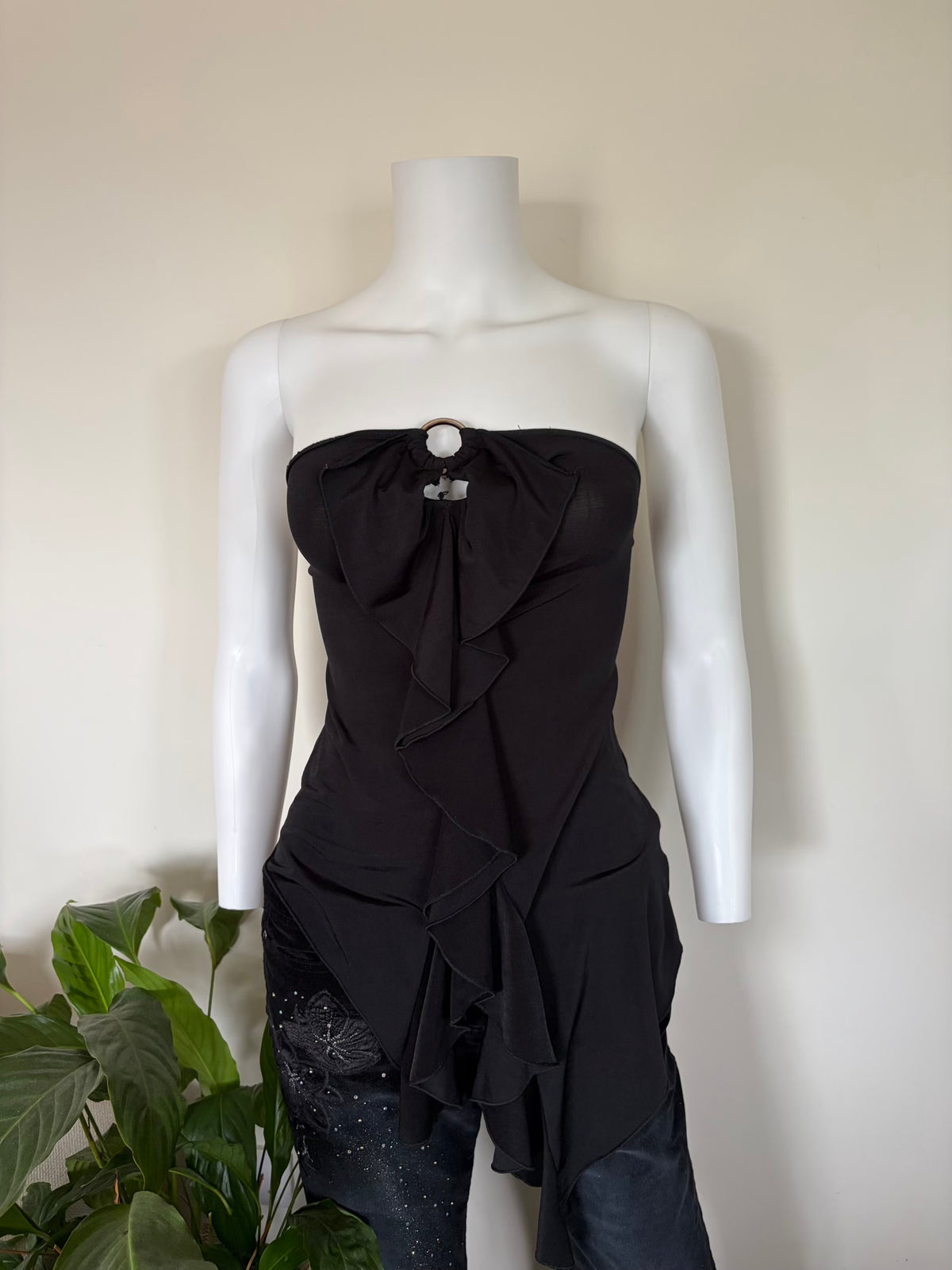 Vintage 1990s Black Waterfall Ruffle Asymmetrical Hem Bandeau Cami with O-Ring