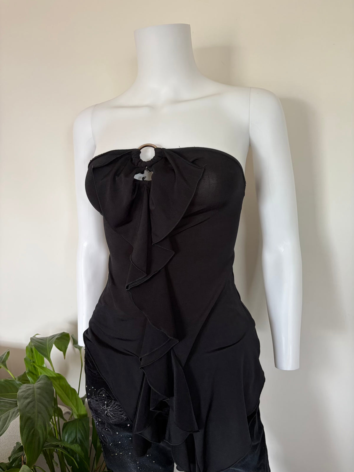 Vintage 1990s Black Waterfall Ruffle Asymmetrical Hem Bandeau Cami with O-Ring