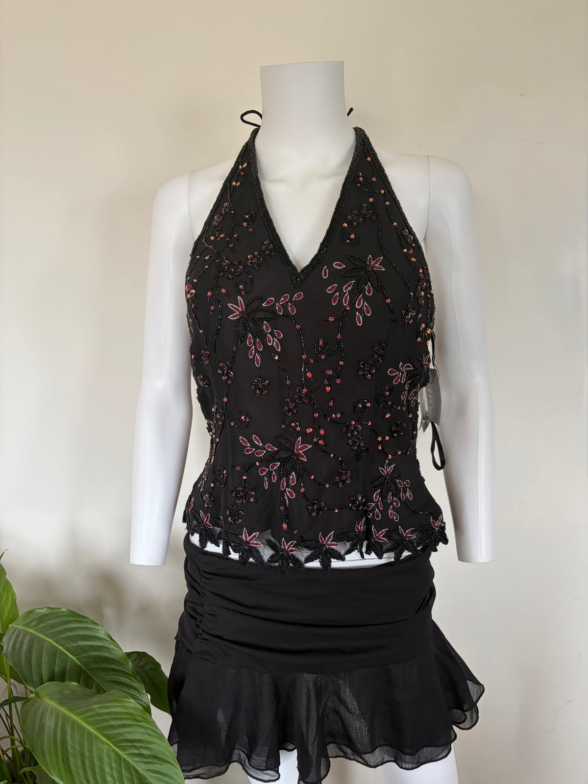 Vintage 2000s Silk Black Sequin and Beaded Corset Halter – Size 12–14