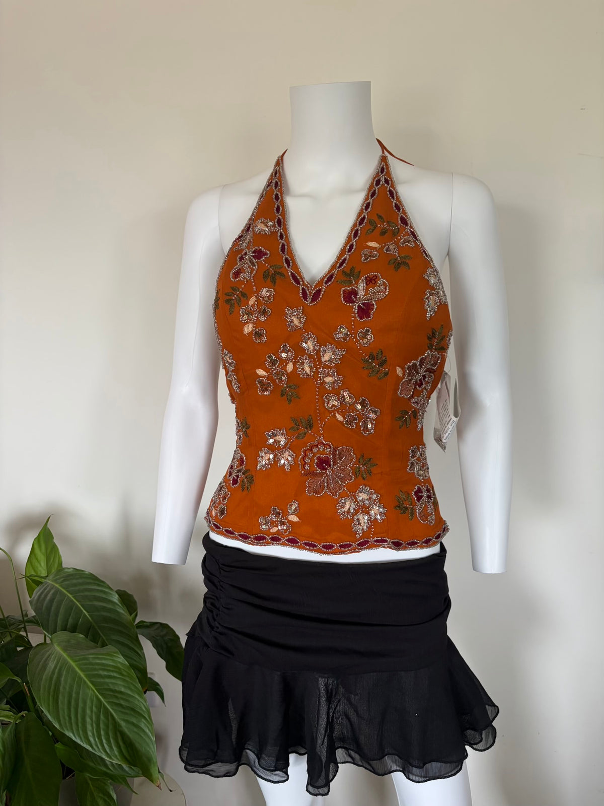 Vintage 2000s Silk Burnt Orange Sequin and Beaded Corset Halter – Size 14–16