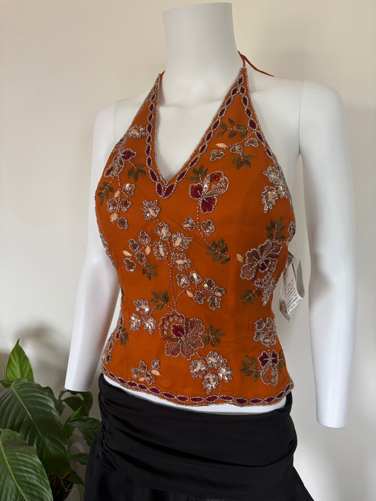 Vintage 2000s Silk Burnt Orange Sequin and Beaded Corset Halter – Size 14–16