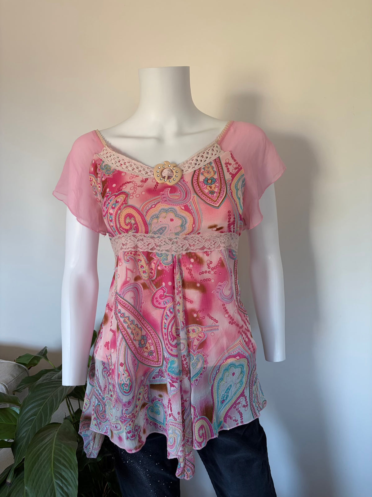 Vintage 2000s Pink Handkerchief Hem Sparkly Paisley and Floral Blouse
