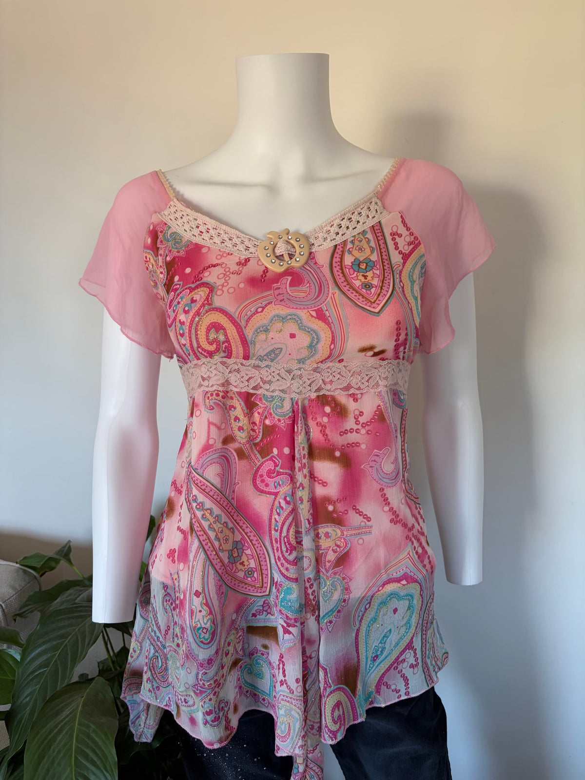 Vintage 2000s Pink Handkerchief Hem Sparkly Paisley and Floral Blouse
