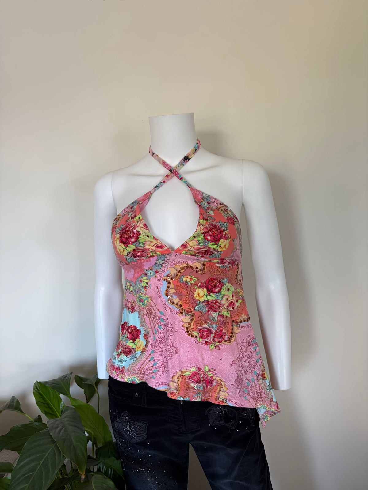 Vintage 2000s Asymmetrical Hem Italian Open Back Halterneck Cami with Sequins