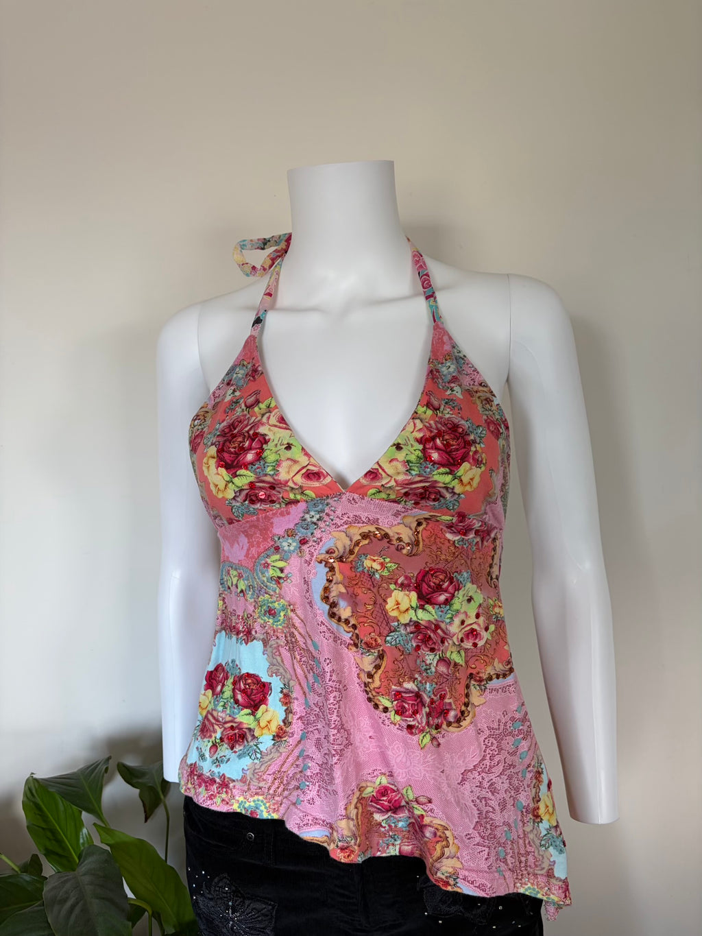 Vintage 2000s Asymmetrical Hem Italian Open Back Halterneck Cami with Sequins