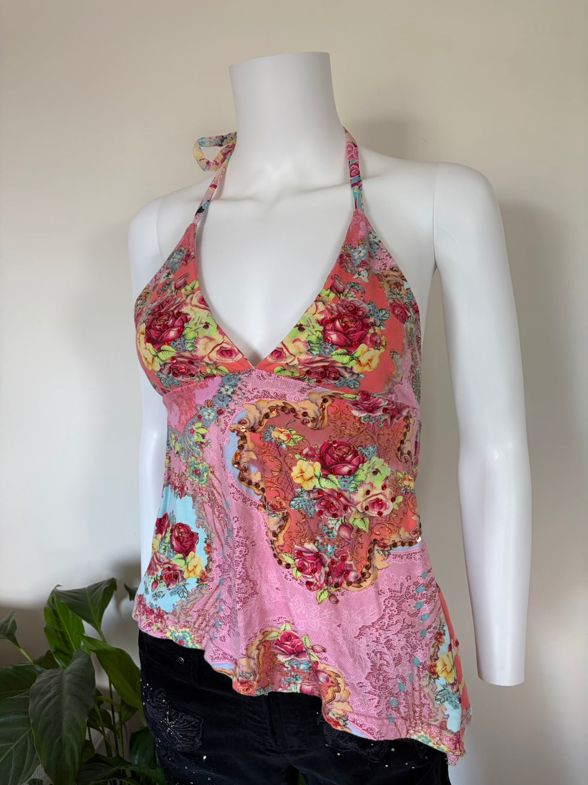 Vintage 2000s Asymmetrical Hem Italian Open Back Halterneck Cami with Sequins