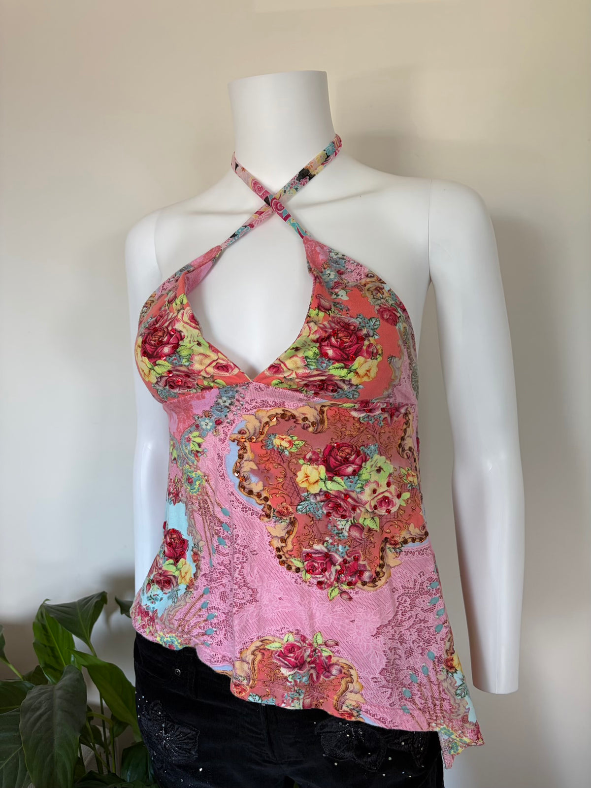 Vintage 2000s Asymmetrical Hem Italian Open Back Halterneck Cami with Sequins