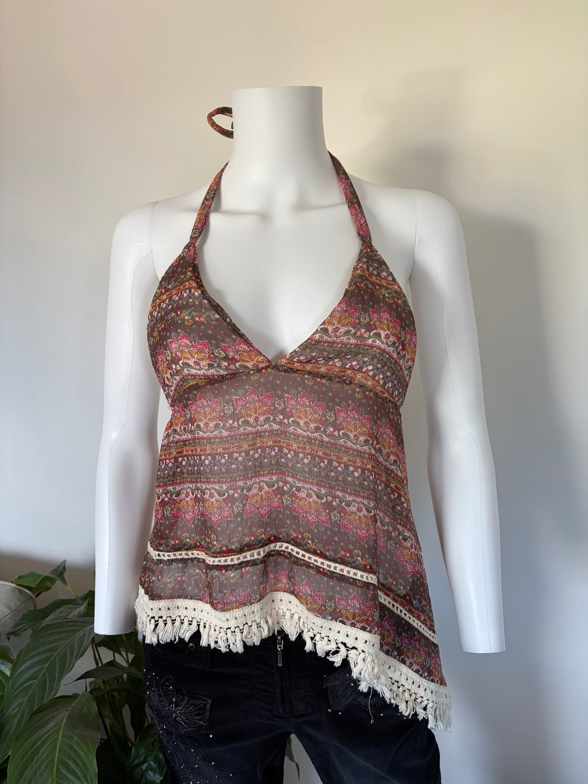 Vintage 1990s Asymmetrical Hem Paisley Open Back Halterneck Cami with Crochet