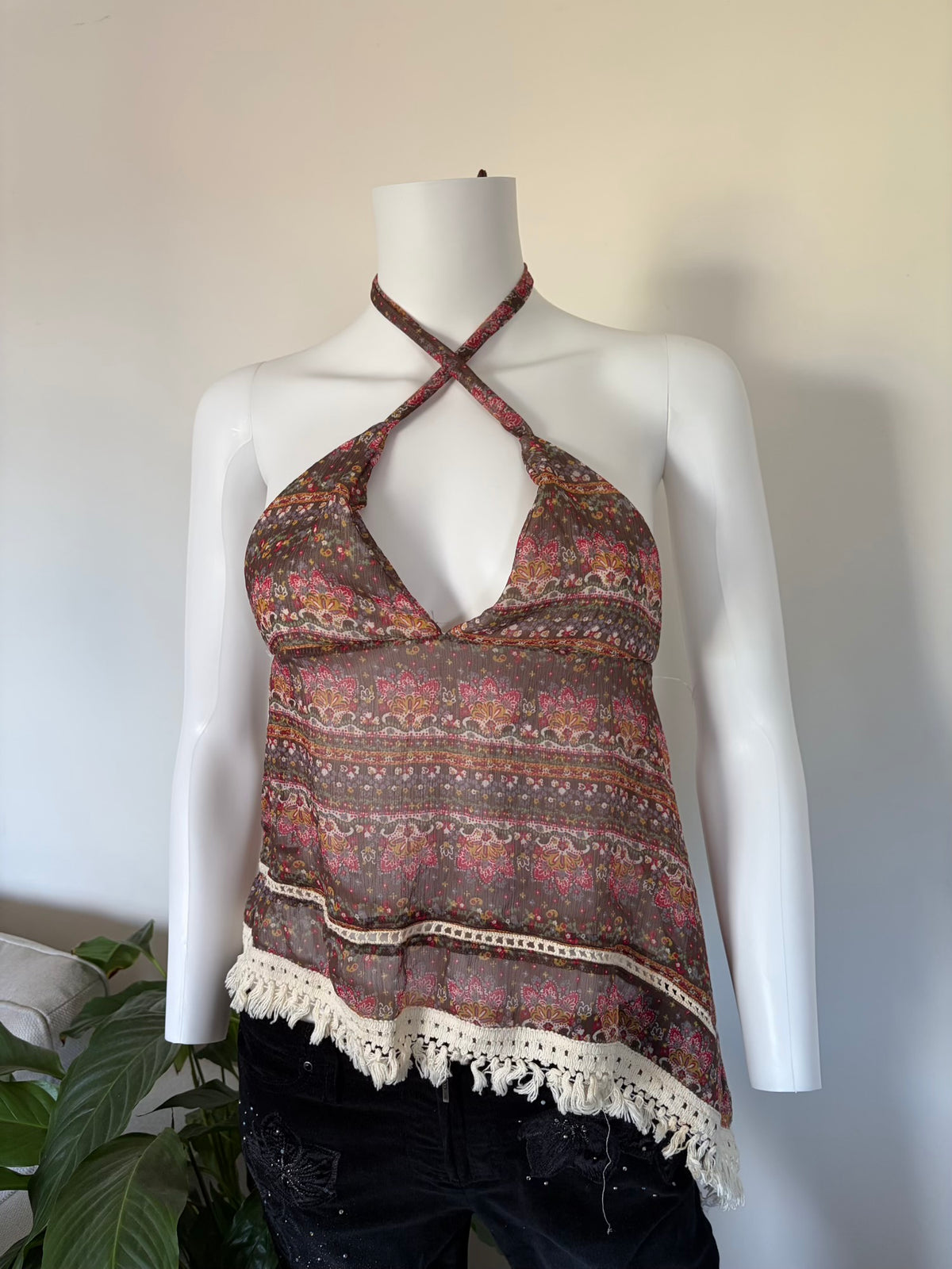 Vintage 1990s Asymmetrical Hem Paisley Open Back Halterneck Cami with Crochet