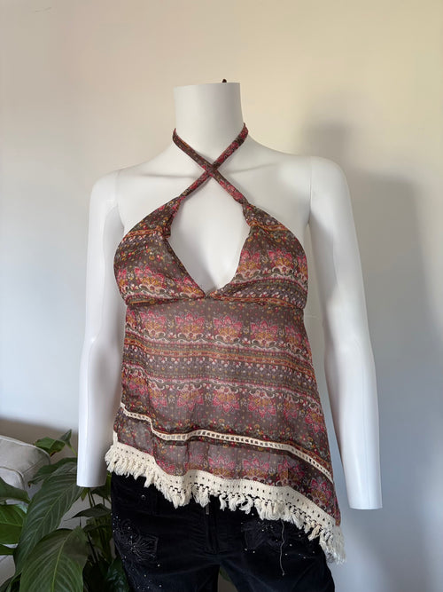 Vintage 1990s Asymmetrical Hem Paisley Open Back Halterneck Cami with Crochet