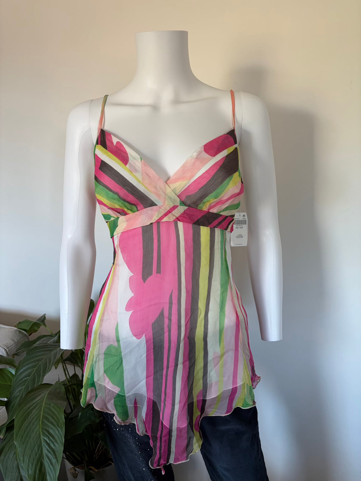 Vintage 2000s Silk Candy Stripe Tie Back Cami with Handkerchief Hem