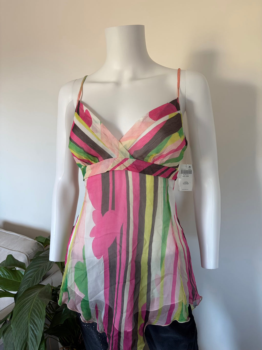 Vintage 2000s Silk Candy Stripe Tie Back Cami with Handkerchief Hem