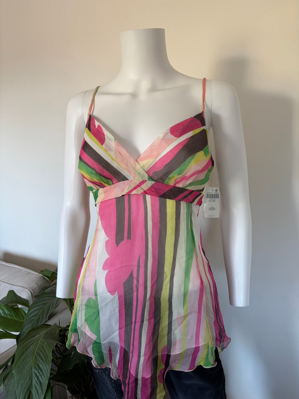 Vintage 2000s Silk Candy Stripe Tie Back Cami with Handkerchief Hem