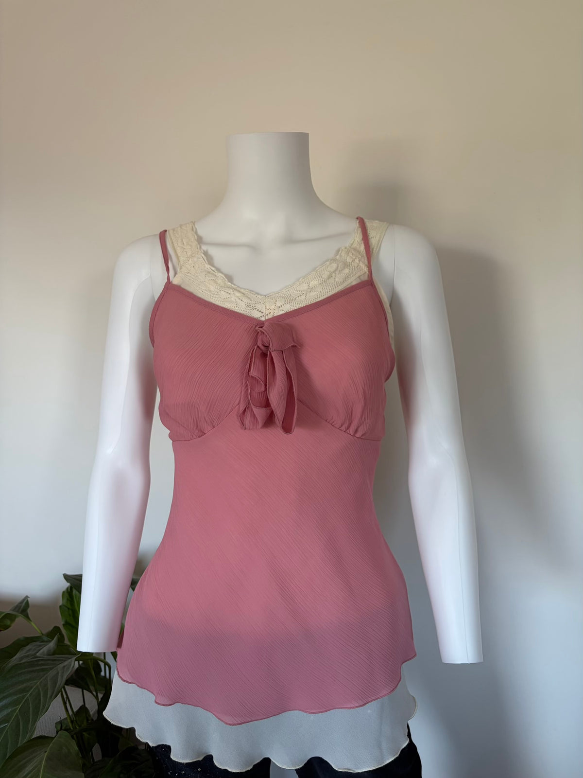 Vintage 1990s Dusty Pink Tie Bust Cami with Built-In Lace Cami