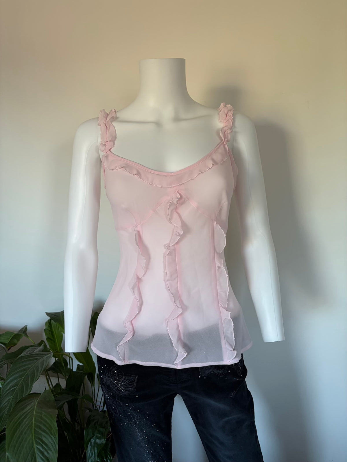 Vintage 1990s Baby Pink Semi Sheer Cami with Beads and Ruffle Detail