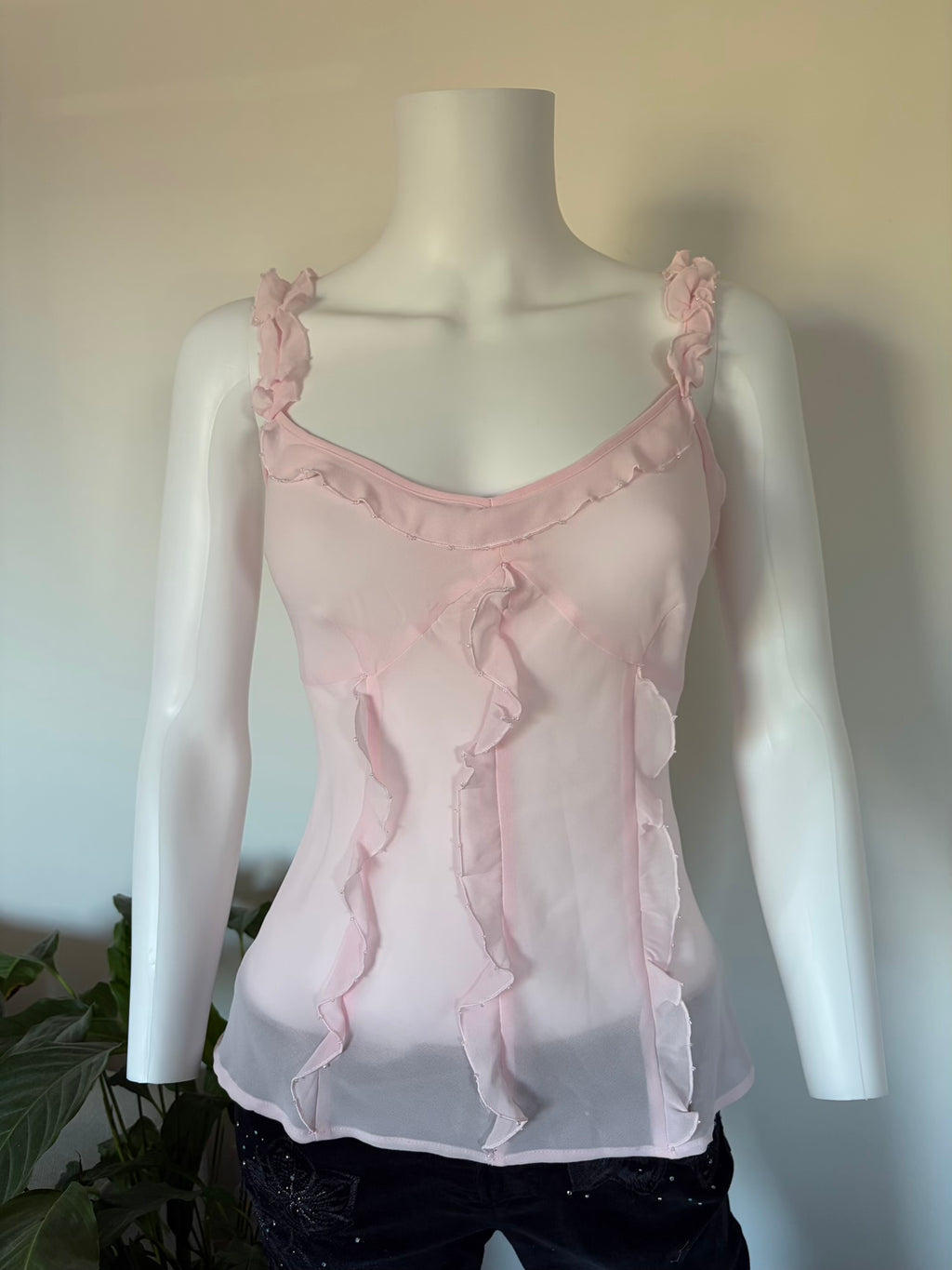 Vintage 1990s Baby Pink Semi Sheer Cami with Beads and Ruffle Detail