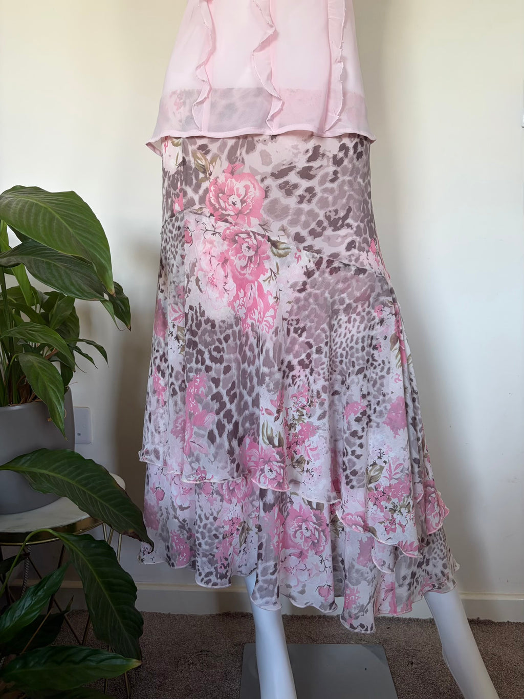 Vintage 1990s Floral and Leopard Print Floaty Skirt