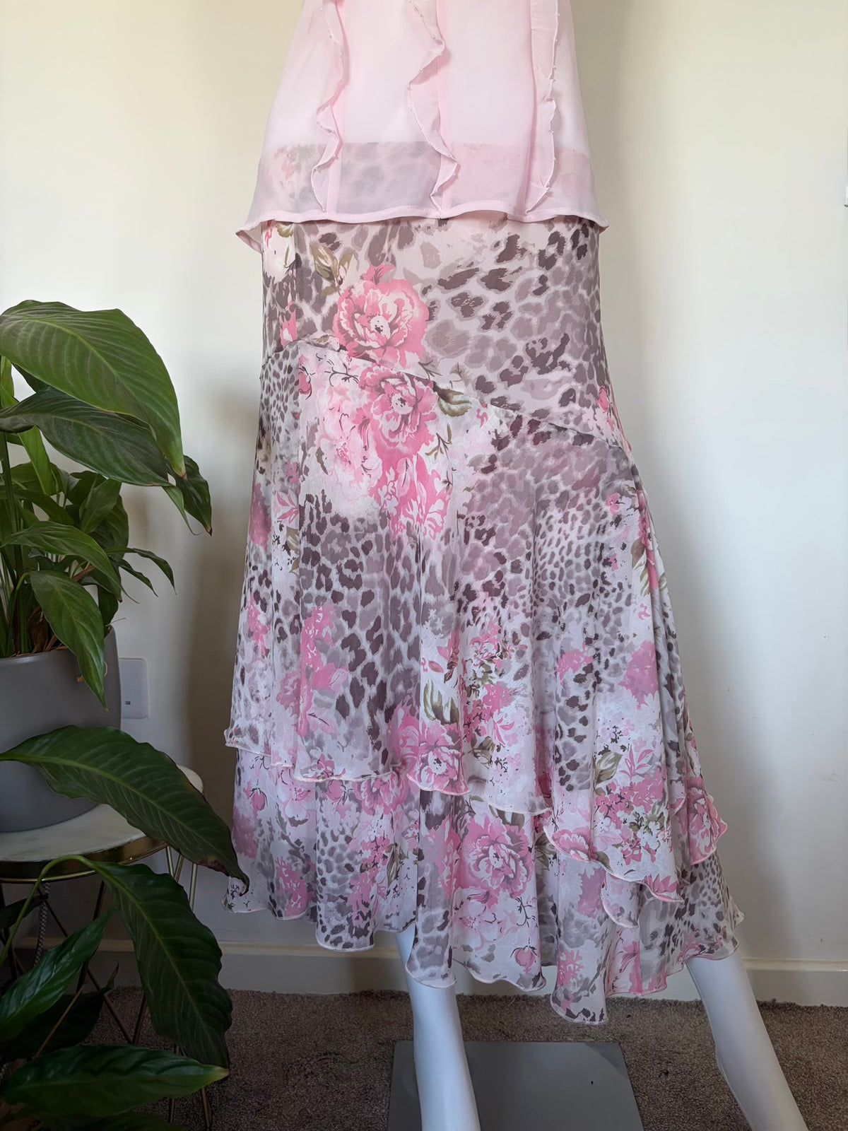 Vintage 1990s Floral and Leopard Print Floaty Skirt