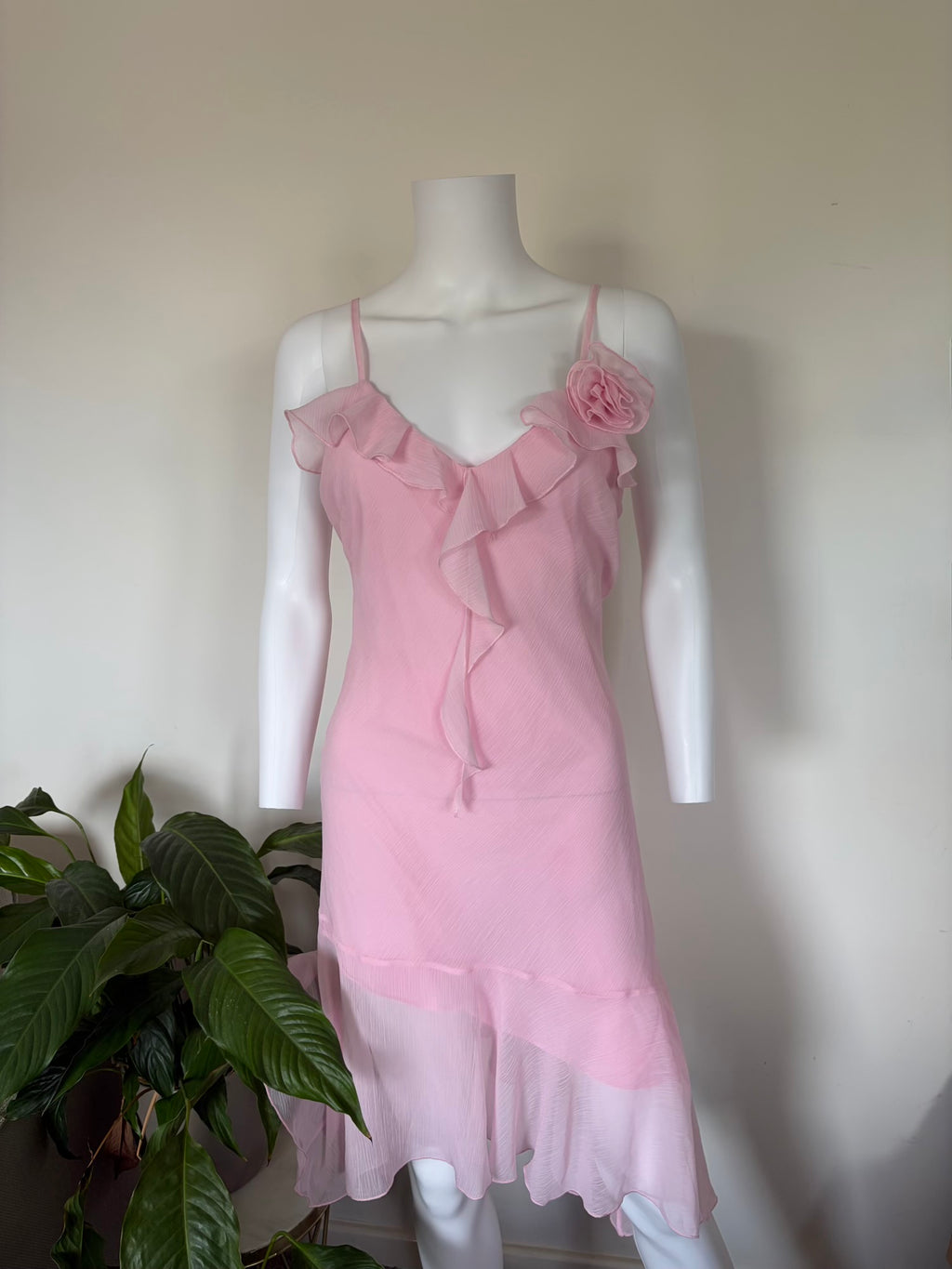 Vintage 1990s Baby Pink Fairy Asymmetrical Hem Dress with Removable Floral Brooch