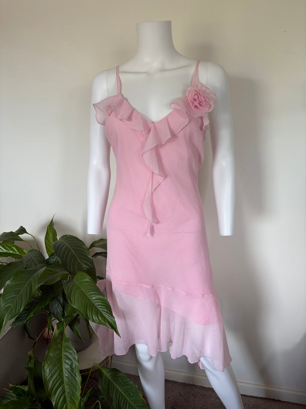 Vintage 1990s Baby Pink Fairy Asymmetrical Hem Dress with Removable Floral Brooch