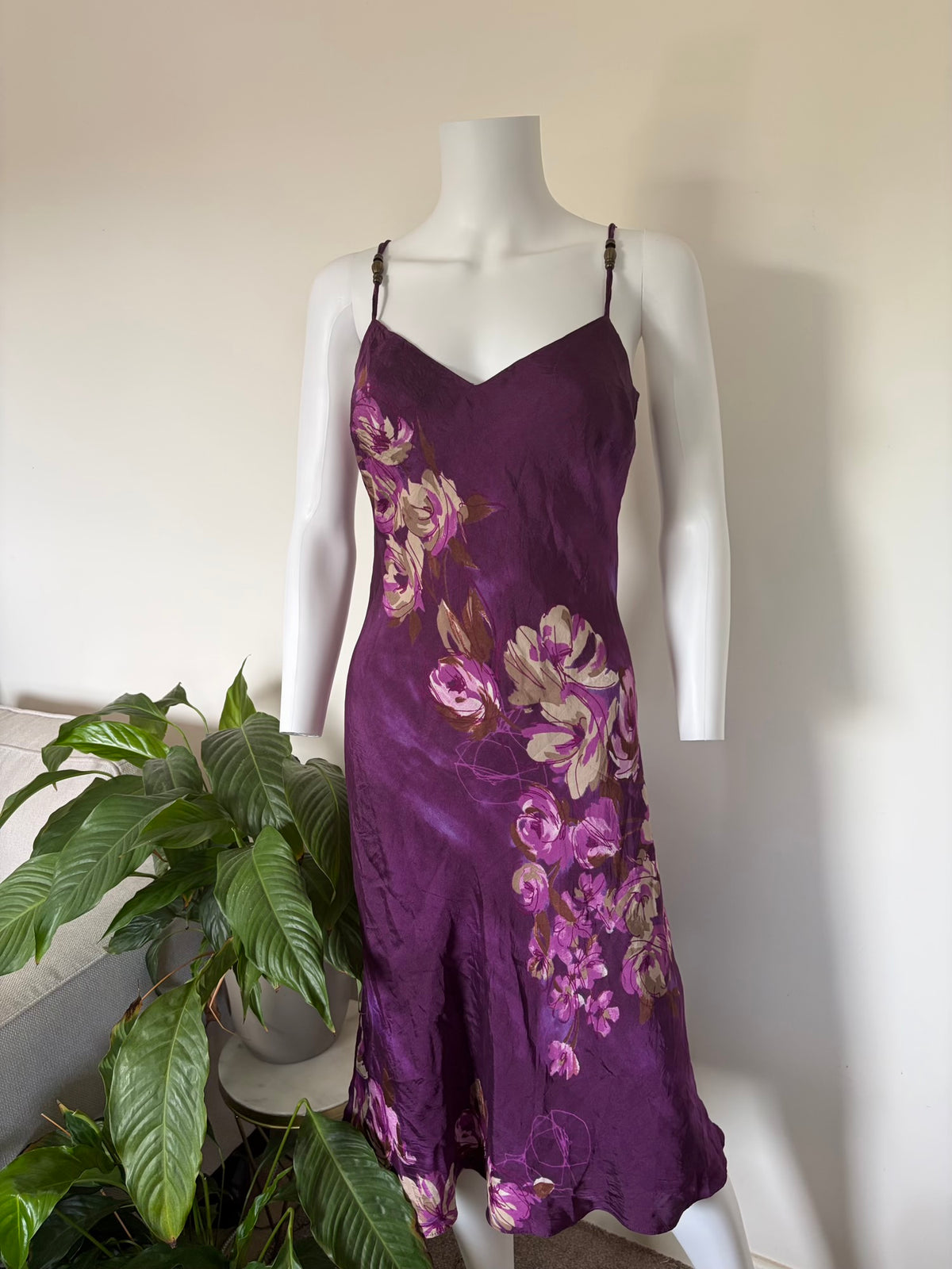 Vintage 1990s Purple Gothic Whimsy Floral Print Satin Dress