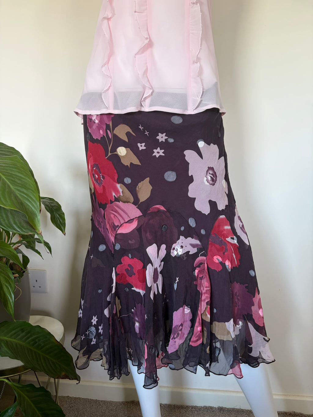 Vintage 1990s Silk Purple Floral Midi Skirt