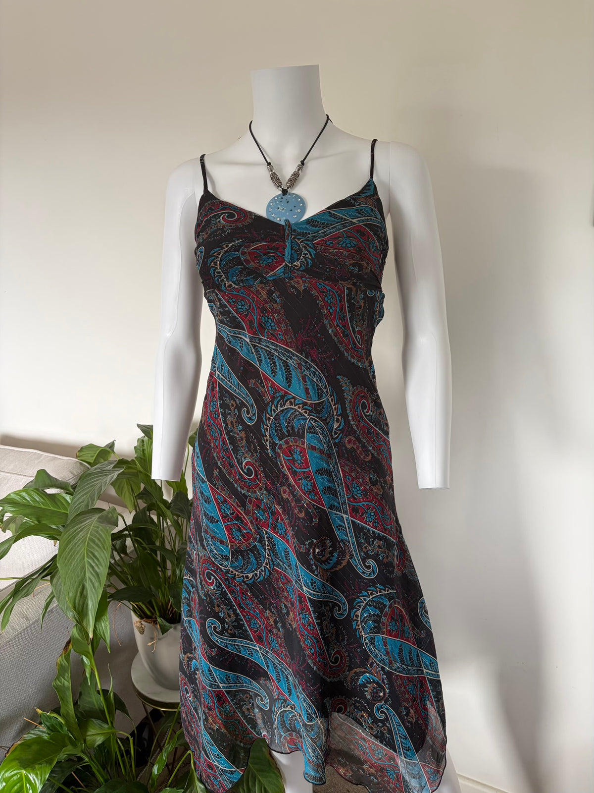 Vintage 1990s Handkerchief Hem Paisley Whimsy Dress with Blue Pendant