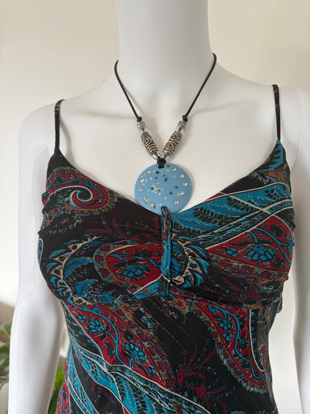 Vintage 1990s Handkerchief Hem Paisley Whimsy Dress with Blue Pendant