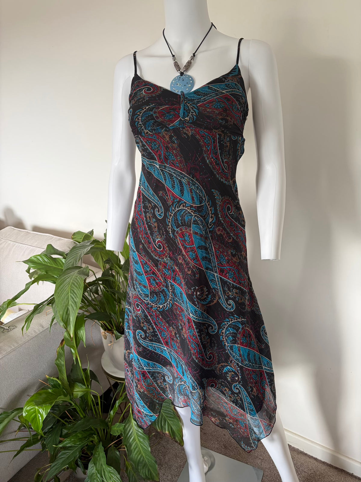 Vintage 1990s Handkerchief Hem Paisley Whimsy Dress with Blue Pendant
