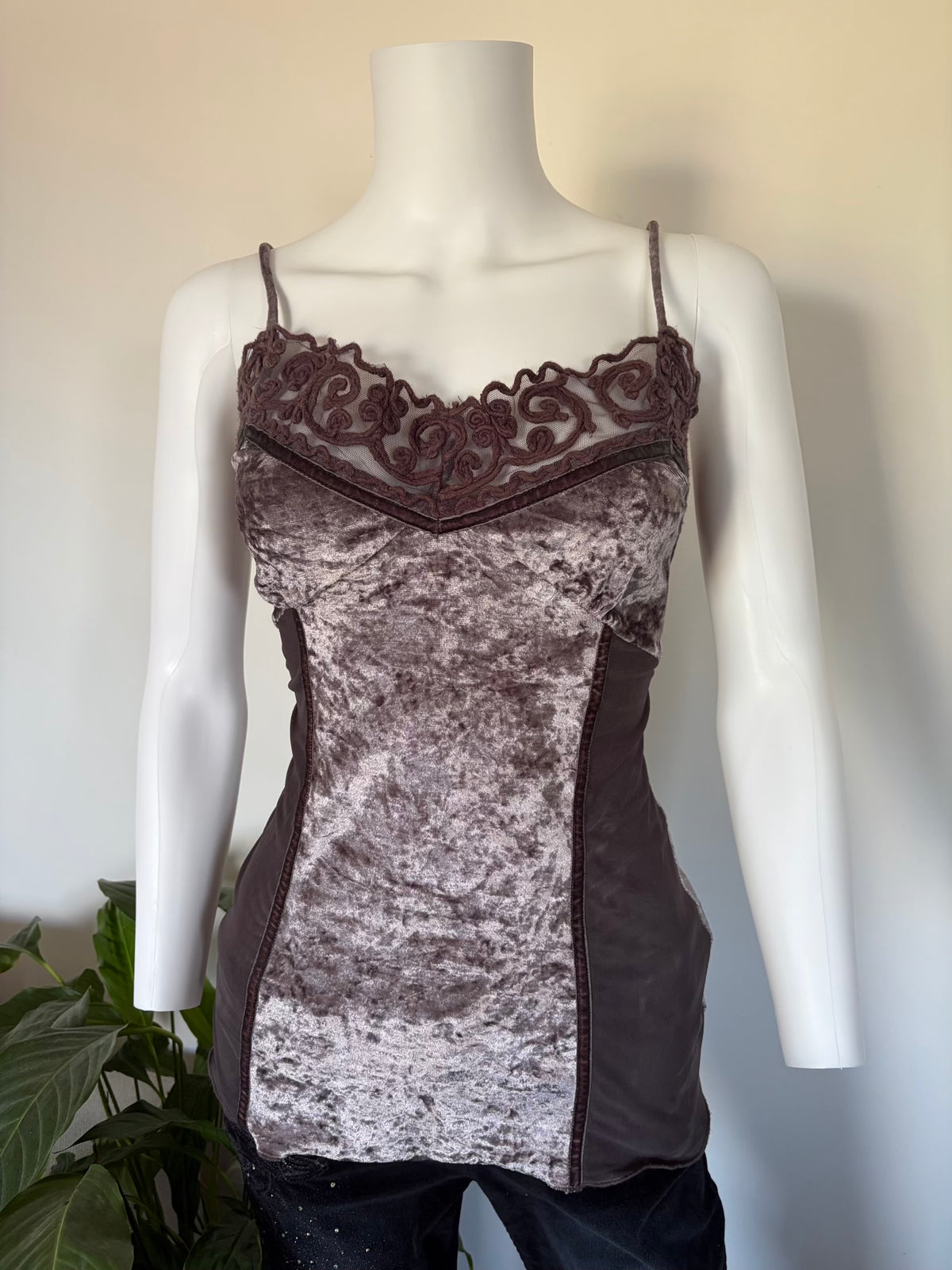 Vintage 1990s Grey Velvet Patchwork Cami