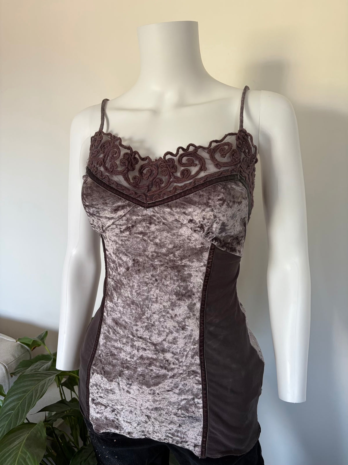 Vintage 1990s Grey Velvet Patchwork Cami