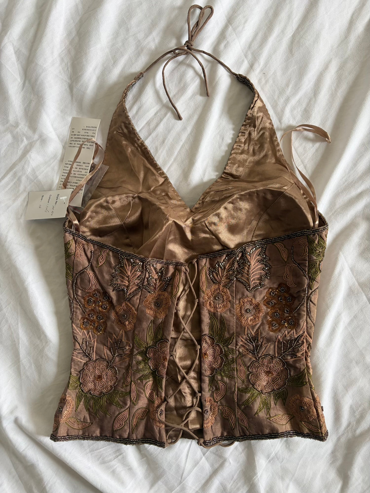 Vintage 2000s Silk Cafe Sequin and Beaded Corset Style Halter- Size 8-10