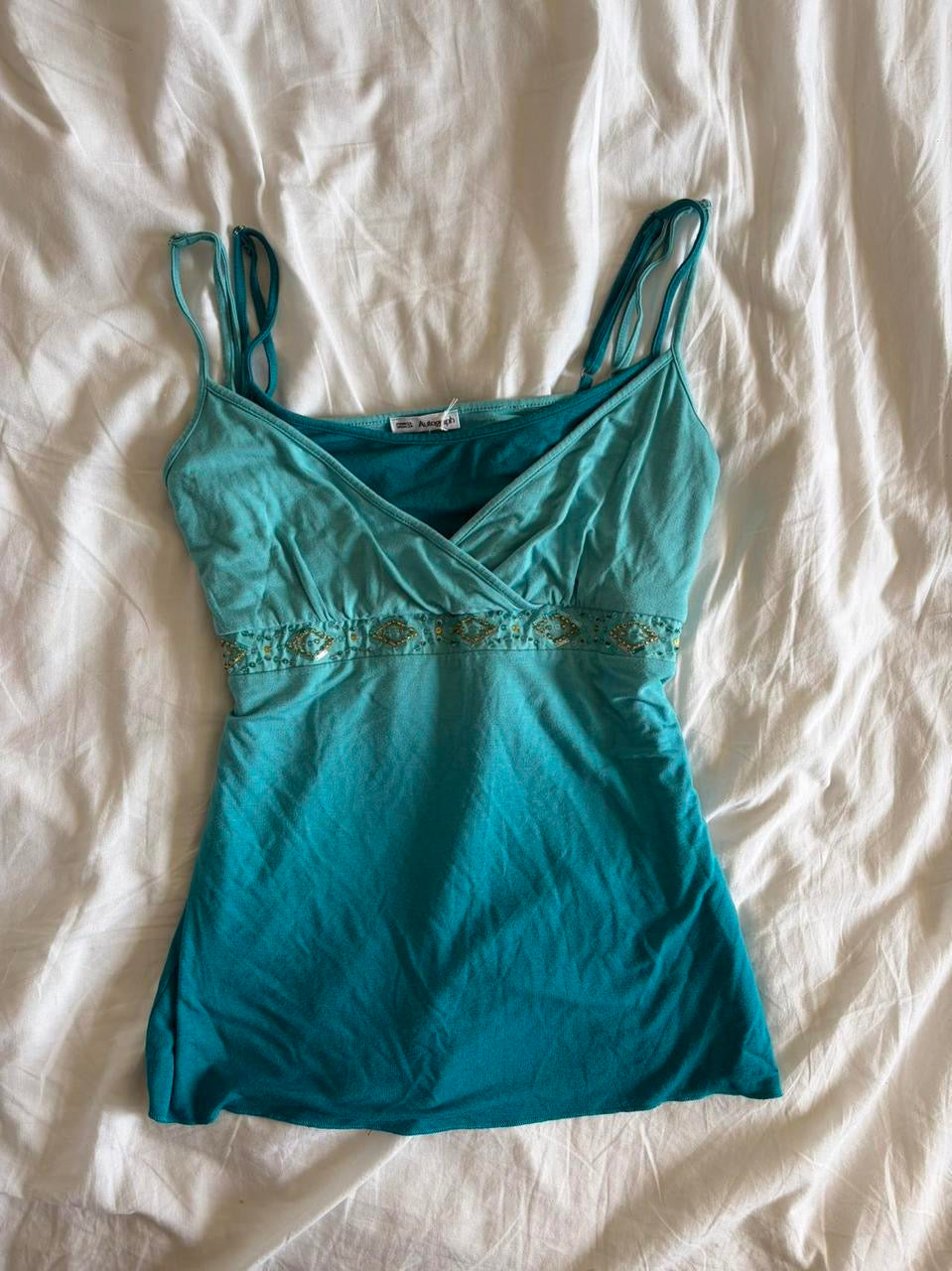 Vintage Y2K blue ombre sequin and beaded bust cami with double strap detail