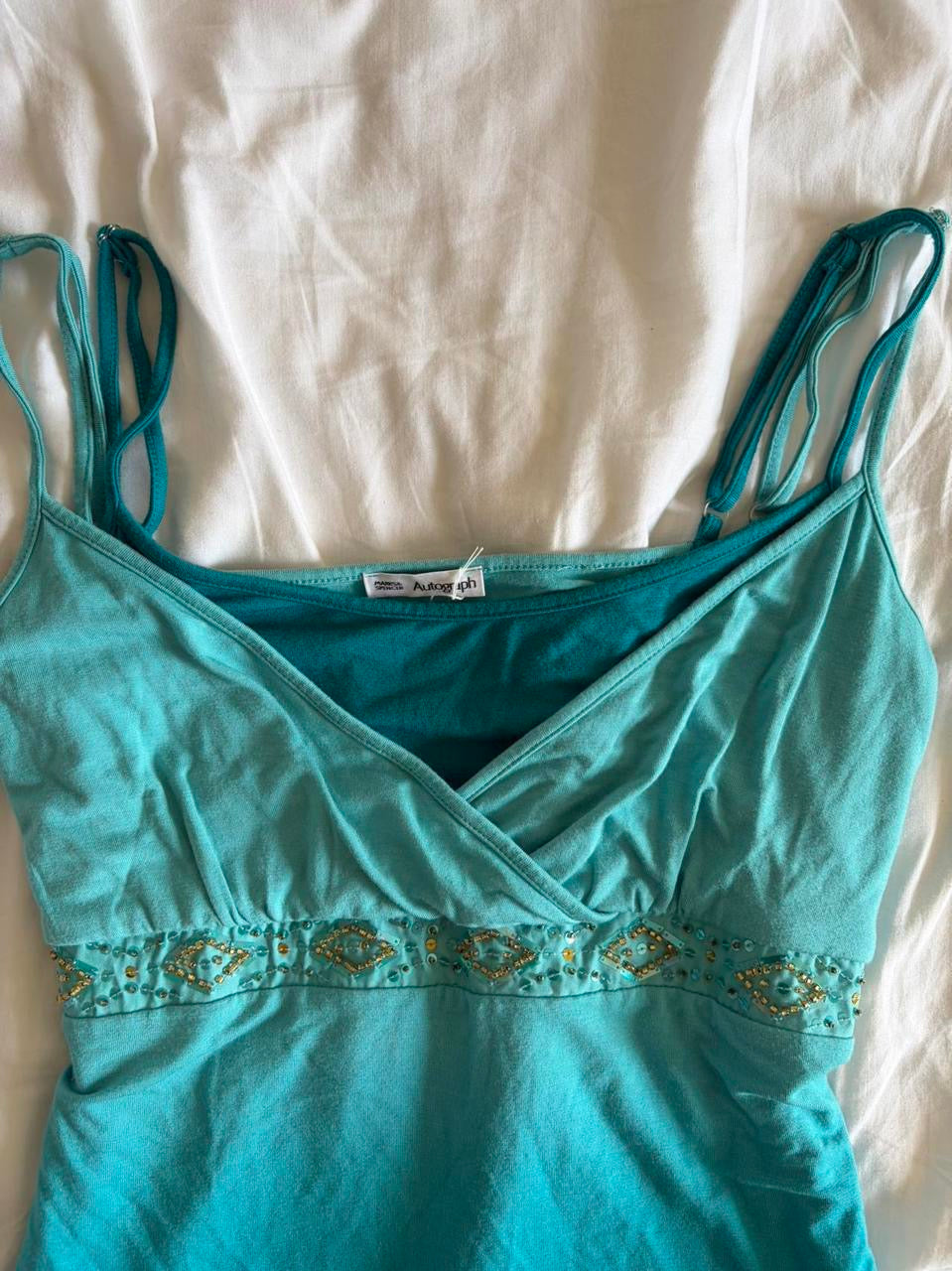 Vintage Y2K blue ombre sequin and beaded bust cami with double strap detail