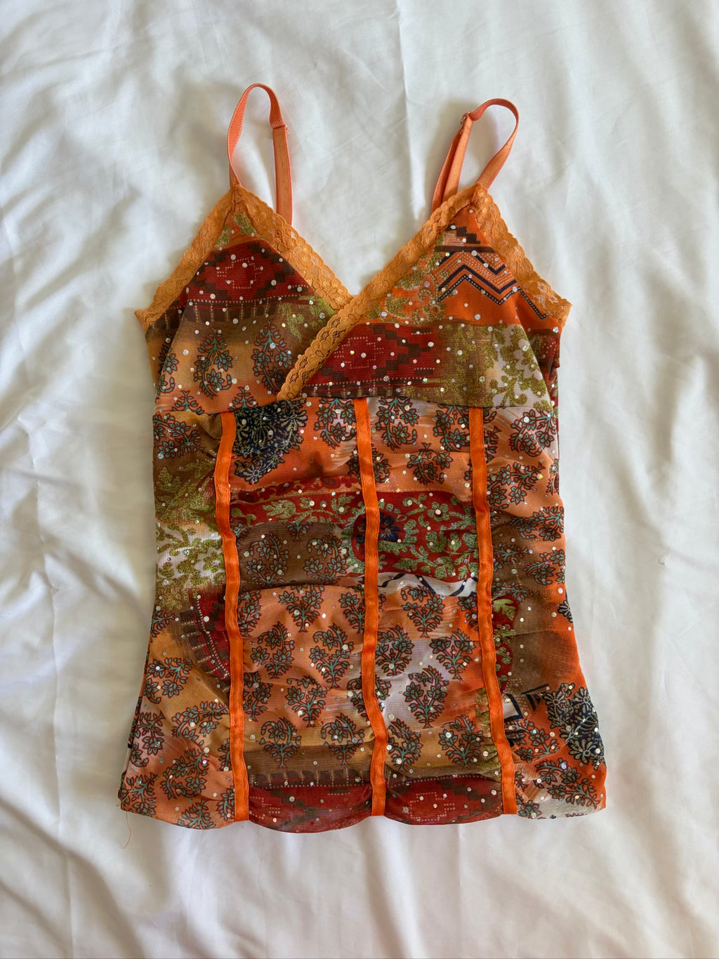 Vintage Y2K French vintage orange cami with paisley print and sparkly detail
