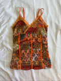 Vintage Y2K French vintage orange cami with paisley print and sparkly detail