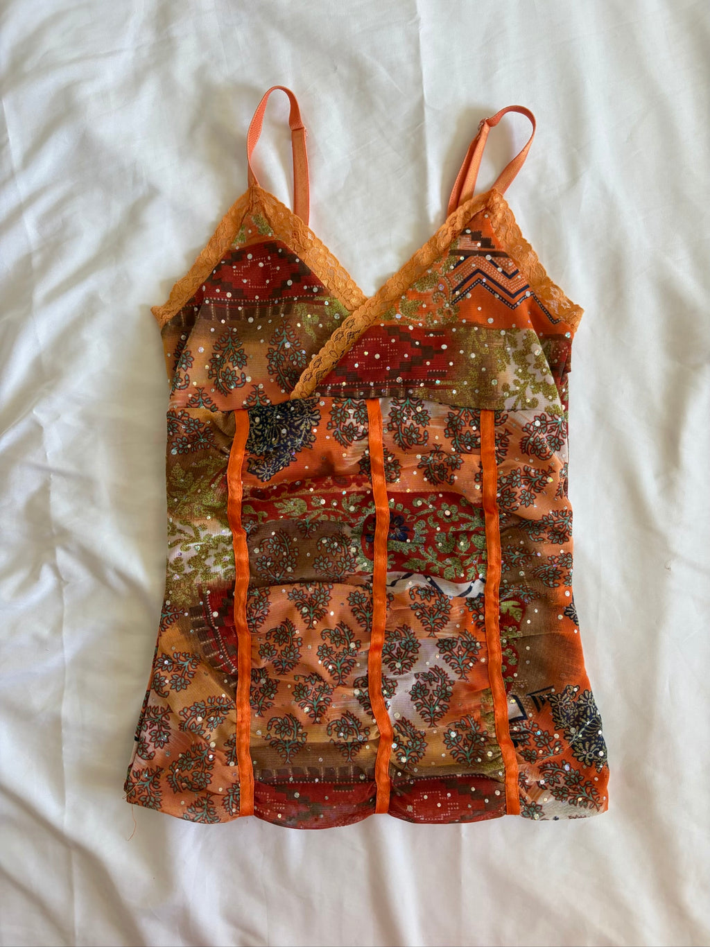 Vintage Y2K French vintage orange cami with paisley print and sparkly detail