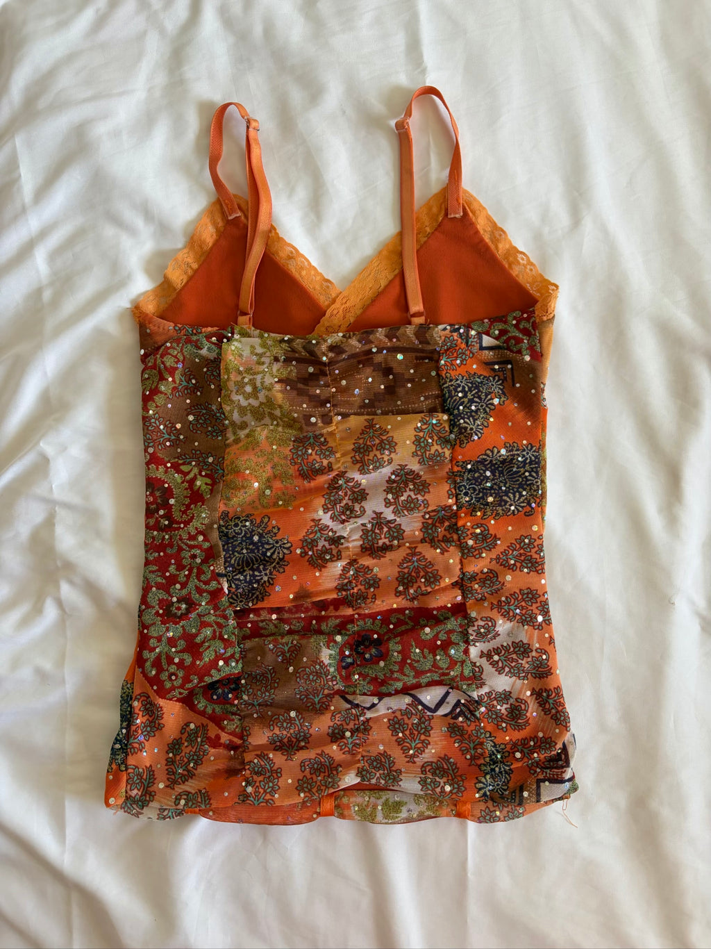 Vintage Y2K French vintage orange cami with paisley print and sparkly detail