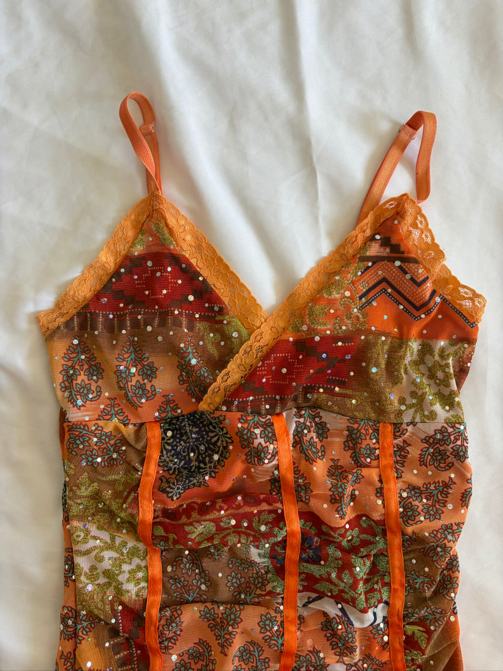 Vintage Y2K French vintage orange cami with paisley print and sparkly detail